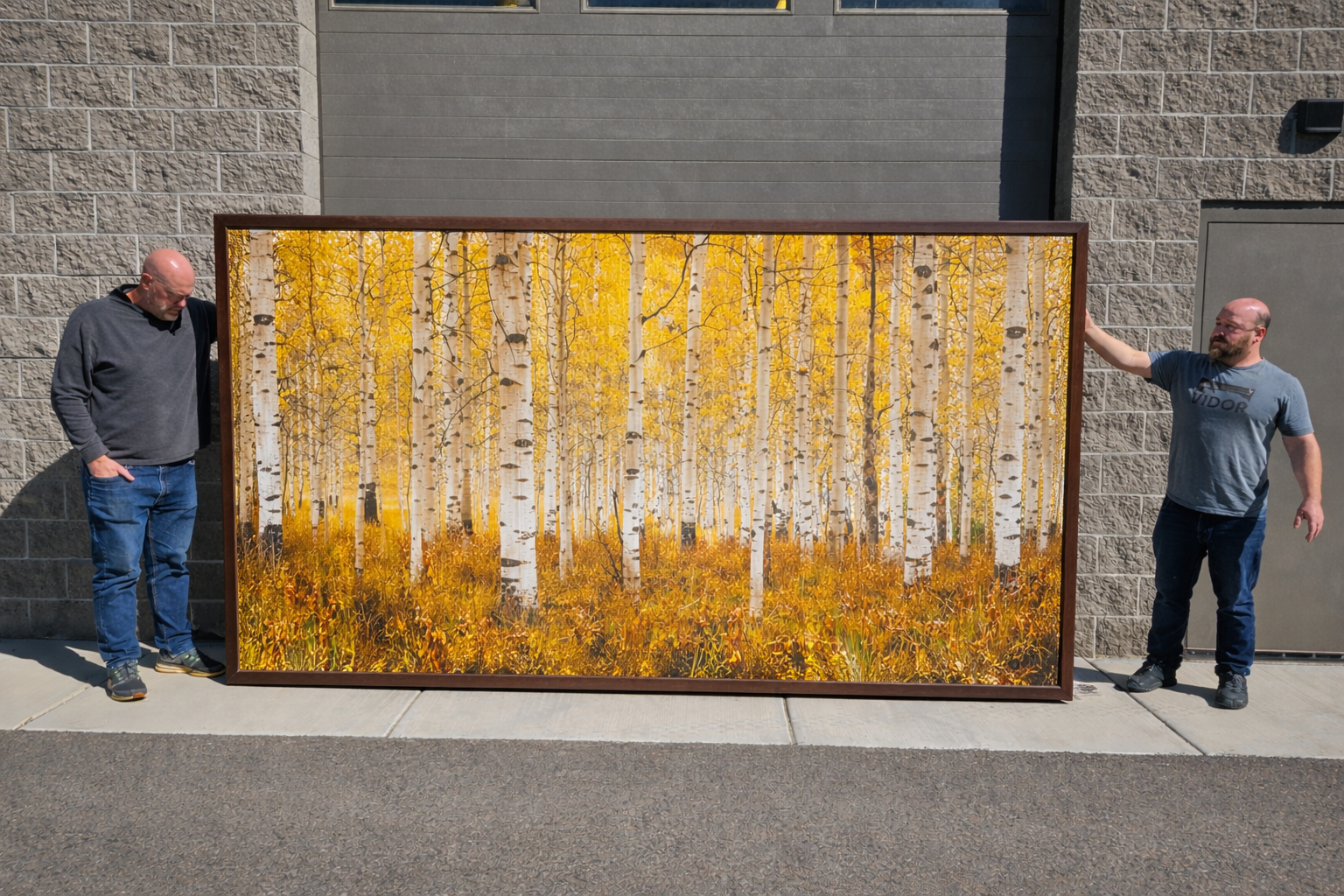 Two people holding a framed Aspen tree canvas